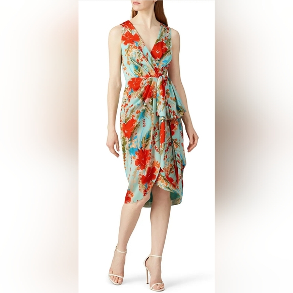 Badgley Mischka Aqua Multi Print Dress SZ 6 - Picture 2 of 12